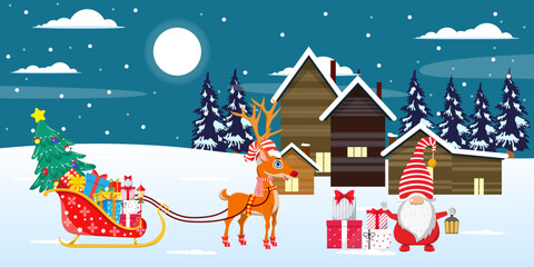 Cute beautiful Santa Clause sleigh standing with reindeer on snow field on front of houses night background with moon trees night sky snow falling with gift boxes