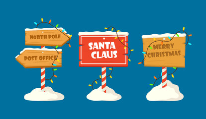 Set Cute Collection North Pole Signboards and Christmas Wooden Street Signs in Snow, Winter Pointers with Garlands, Snow - obrazy, fototapety, plakaty