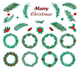 Christmas wreath with berries and cones, fir branches and inscriptions. Set of elements for winter design postcards.