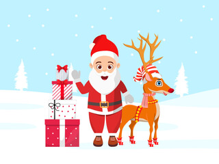 Cute beautiful Santa Clause character and reindeer standing on snow field wearing Christmas outfit with gift boxes
