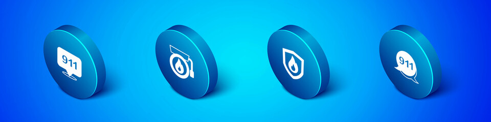 Set Isometric Emergency call 911, Fire protection shield, and Ringing alarm bell icon. Vector
