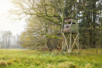 Wooden deer and wild boar hunting tower in forest.