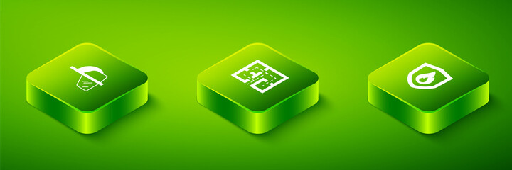 Set Isometric Evacuation plan, Fire protection shield and Firefighter helmet icon. Vector