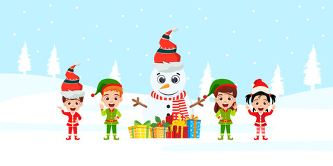 Cute beautiful kid boy and girl character and snowman character standing on snow field snow falling wearing Christmas outfit and with gift boxes