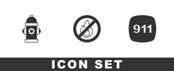 Set Fire hydrant, No fire and Emergency call 911 icon. Vector