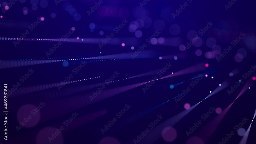 Poster digital background with movement of glowing particles. complex technologies of big data. 3d renderin
