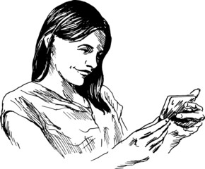 Hand sketch of young woman with smart phone. Vector illustration.