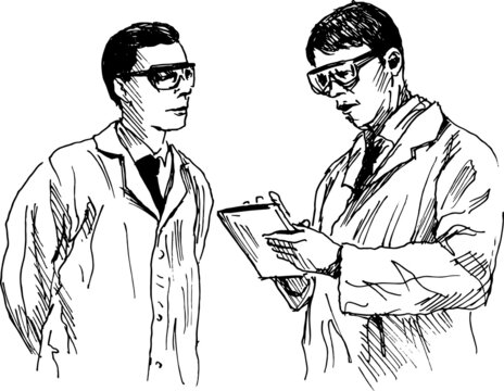 Hand sketch of scientists discussing. Vector illustration.