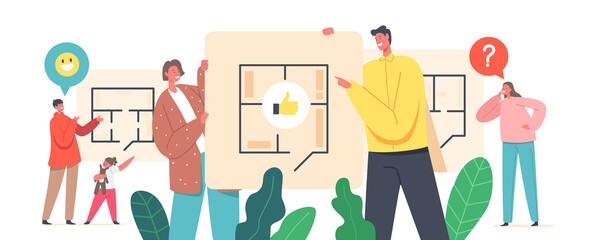 Fototapeta premium Happy Family Characters Choose Apartment Layout. Mother, Father and Kids Discuss New Home Plan with Rooms Location