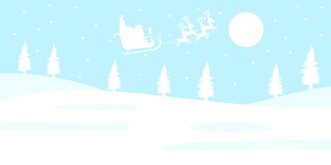 Fototapeta na wymiar Cute beautiful Santa Clause character flying on sky with sleigh with reindeers with gift boxes white color Silhouette background