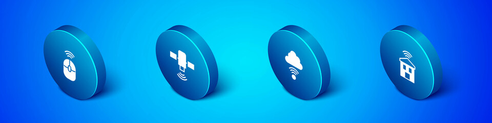 Set Isometric Wireless computer mouse, Network cloud connection, Smart home with wi-fi and Satellite icon. Vector