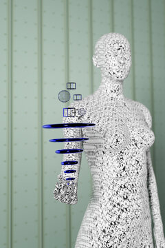 Three dimensional render of abstract mannequin holding bunch of levitating disks and cubes