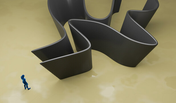Three dimensional render of person standing in front of entrance of small wavy corridor