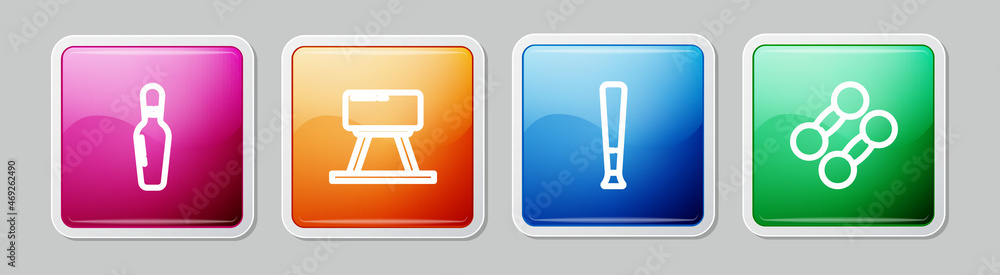 Sticker set line bowling pin, pommel horse, baseball bat and dumbbell. colorful square button. vector