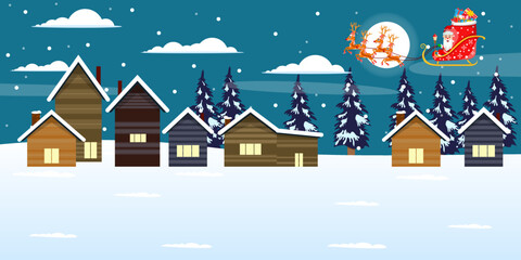 Cute beautiful Santa Clause character  flying on sky up on houses with sleigh with reindeer with gift boxes night background with trees snow falling isolated