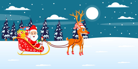 Obraz na płótnie Canvas Cute beautiful Santa Clause character standing with sleigh with reindeer on snow field night background with moon trees night sky snow falling with gift boxes isolated
