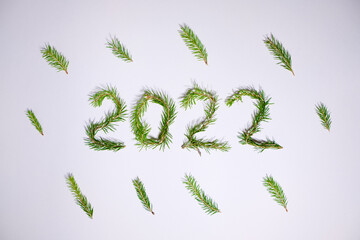 Numbers 2022 made from Christmas tree branches isolated on white wall. The symbol of the New Year.