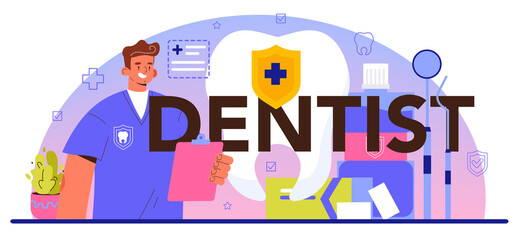 Naklejka premium Dentist typographic header. Dental doctor in uniform treating