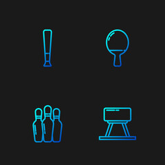 Set line Pommel horse, Bowling pin, Baseball bat and Racket for playing table tennis. Gradient color icons. Vector