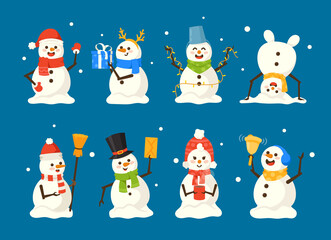 Set of Cute Playful Snowmen, Christmas Characters Collection Wear Santa Hat, Deer Horns, Holding Gift Box, Xmas Elements