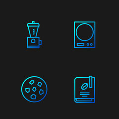 Set line Coffee book, Cookie or biscuit, Electric coffee grinder and Electronic scales. Gradient color icons. Vector