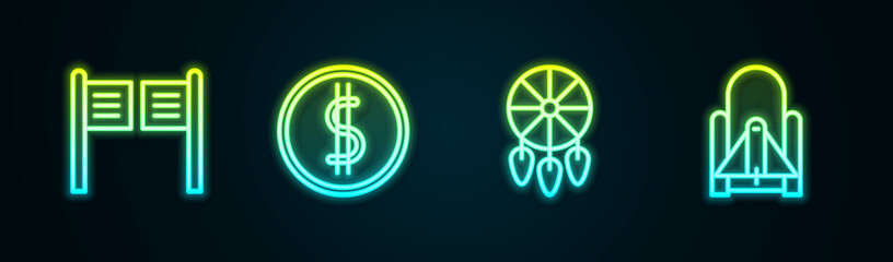 Set line Saloon door, Coin money with dollar, Dream catcher feathers and Rocket launch from spaceport. Glowing neon icon. Vector