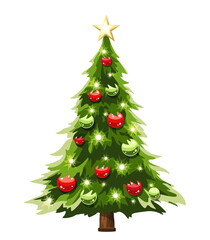 Vector Christmas tree with red and green balls and golden star isolated on a white background.