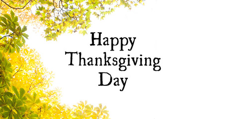 Image of happy thanksgiving day text over trees on white background