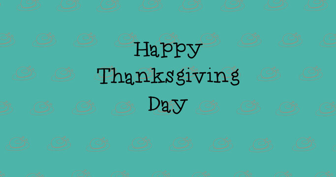 Happy thanksgiving day text over multiple turkey icons in seamless pattern on green background - Powered by Adobe