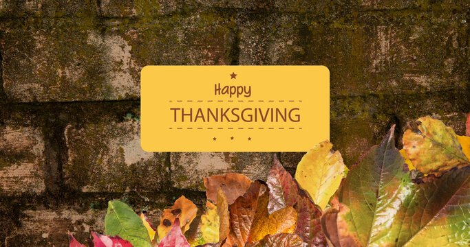 Image of happy thanksgiving text over bricks with autumn leaves