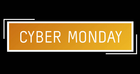White and orange Cyber Monday text appearing against a black screen