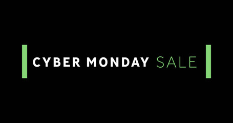 White and green Cyber Monday Sale text appearing against a black screen