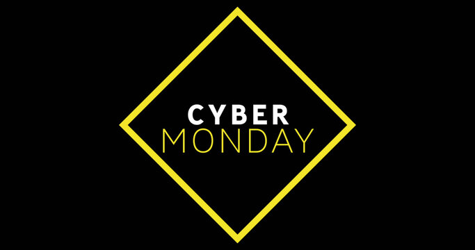 White and yellow Cyber Monday text appearing against a black screen
