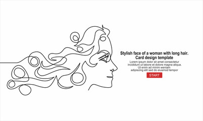 Stylish face of a woman with long hair. Card design template.Continuous line drawing of Portrait of a Beautiful Woman's face. 