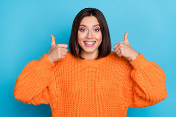 Portrait of attractive funny cheerful girl showing double thumbup trust perfect yes isolated over...