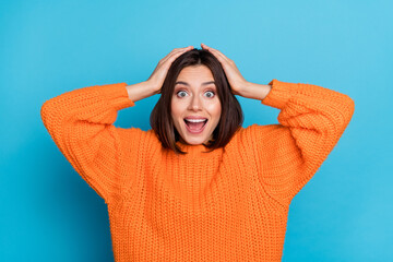 Portrait of attractive amazed cheerful girl sudden funny great news reaction isolated over bright...