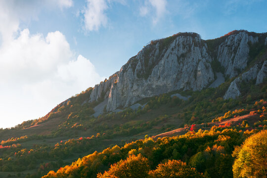 rocky formation in apuseni mountains at sunset. gorgeous autumn landscape in evening light. trees on the hills in colorful foliage. location masivul-vulcan, hunedoara country of romania
