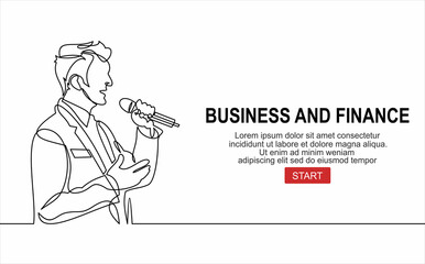 Business conference, business meeting. Man at rostrum in front of audience. Public speaker giving a talk at conference hall- continuous line drawing