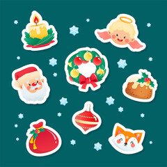 Set of cute cartoon Christmas stickers. Collection of funny characters and objects on a dark background: a Santa Claus, an angel, a fox, a pudding, a wreath, a candle, a bag and a christmas decoration