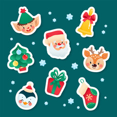 Obraz na płótnie Canvas Set of cute cartoon Christmas stickers. Collection of funny characters and objects on a dark background: a Santa Claus, an elf, a deer, a penguin, a gift box, a sock, a bell and a fir tree. 