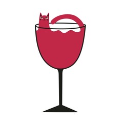 Vector illustration with cat in wine glass. Funny print design with domestic animal and alcohol. Bar wall decoration poster template.