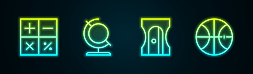 Set line Calculator, Earth globe, Pencil sharpener and Basketball ball. Glowing neon icon. Vector
