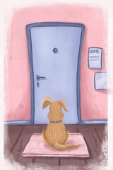 Cartoon illustration of a sad puppy is waiting for the host by the door