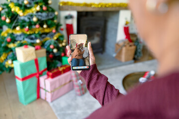 Woman making christmas smartphone video call with happy senior african american couple