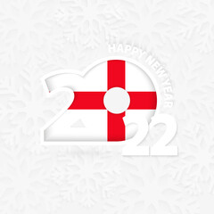 Happy New Year 2022 for England on snowflake background.