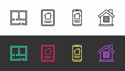 Set line House plan, Online real estate house, and on black and white. Vector
