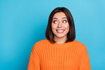 Portrait of attractive curious cheerful girl looking aside decide copy space clue guess isolated...