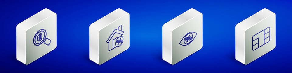 Set Isometric line Magnifying glass and euro, House with percant discount, Eye percent and Credit card chip icon. Vector