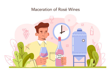 Wine production. Red and rose wine maceration. Alcohol drink characteristics