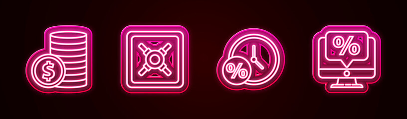 Set line Coin money with dollar, Safe, Clock and percent and Percent discount monitor. Glowing neon icon. Vector